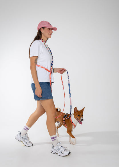 Adjustable length dog leash ORANGE/BLUE TIE-DYE